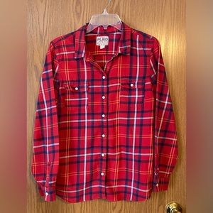 Red plain button up long sleeve. This is not flannel.